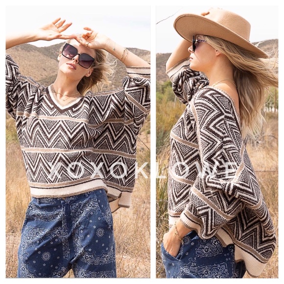 POL Brown Multi Aztec Pattern V Neck Sweater Oversized Slouchy Fit - Picture 5 of 11